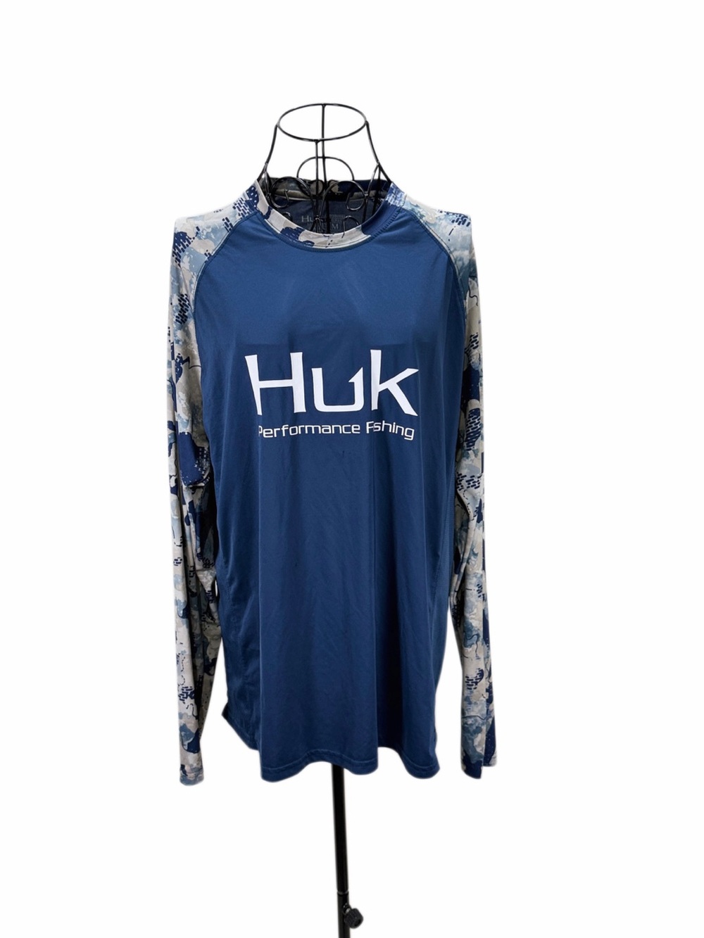 Huk Long Sleeve Performance Shirt in Navy with Camouflage Sleeves